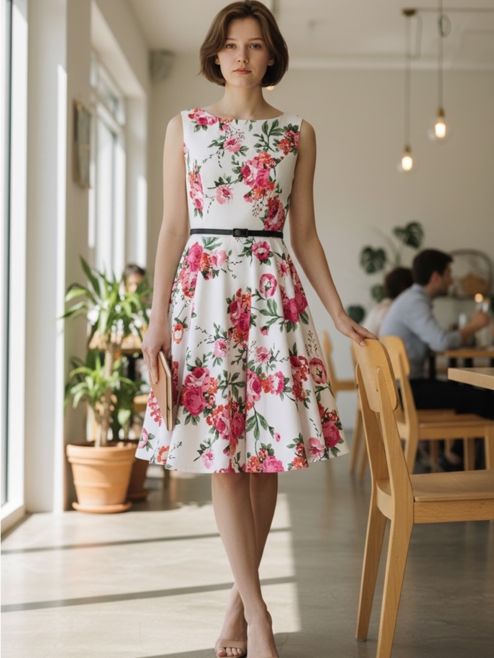 Grace Karin White Midi Dress with Pink Floral Print size M